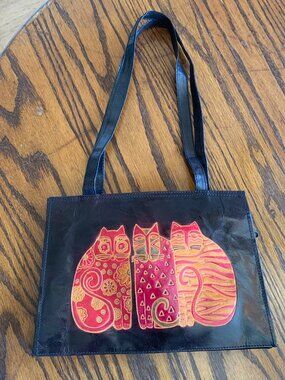 VTG Laurel Burch Leather Tote Purse Shoulder Bag Cats Tooled Painted Artsy Black